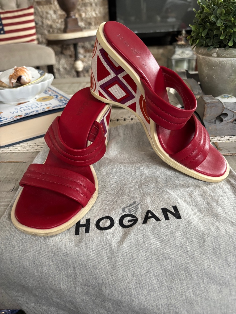 Hogan Red Leather Geometric-Wedge Slide Sandals